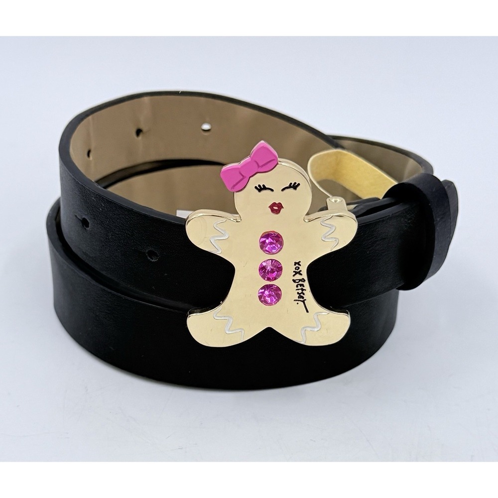 XOX Betsy Johnson Gold Gingerbread Girl Black Faux Leather Belt Women's L NWT